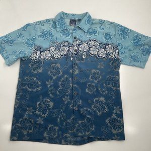 Vintage Hawaiian Shirt Mens XL Blue Floral Tropical Party Club Travel Beach